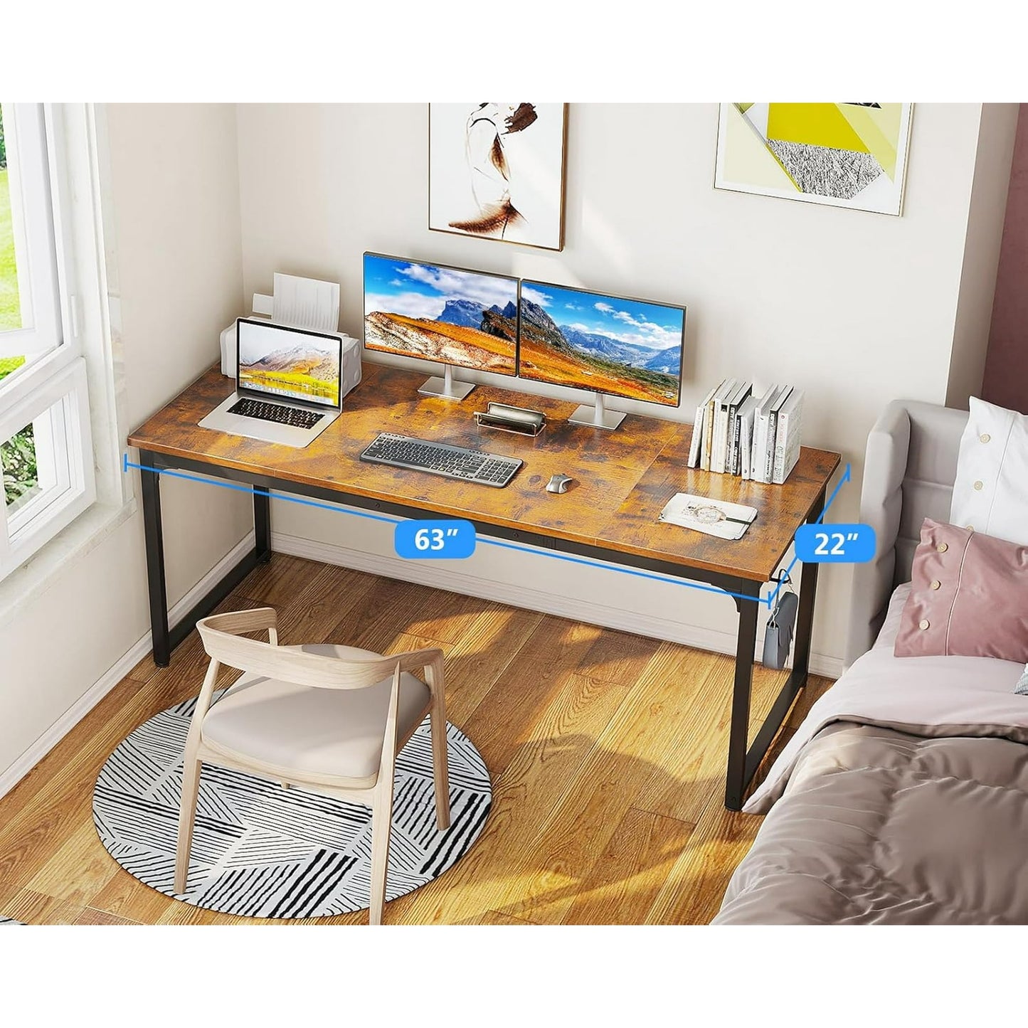 Casacomoda 63 inch Computer Desk with Headphone Hooks, Home Office Desk for Large Spaces, Simple Modern Desk for Studying & Writing, Vintage