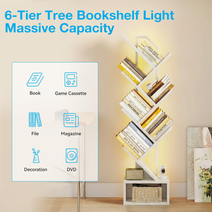 Casacomoda 6 Tier Tree Bookshelf, Bookcase with LED Lights, Display Floor Standing Storage Shelf, Book Organizer Shelves for Home Office, Living Room, White