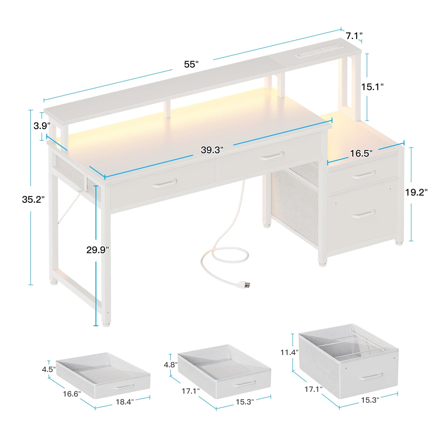 Computer Desk with 4 Drawers, 55 Inch Reversible Desk with Led Lights & Power Outlet, Home Office Desk with File Drawer & Monitor Stand, White
