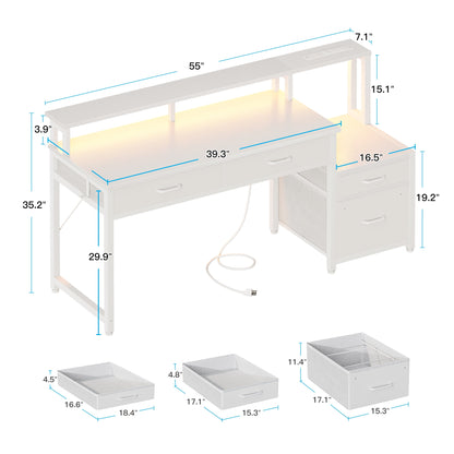 Computer Desk with 4 Drawers, 55 Inch Reversible Desk with Led Lights & Power Outlet, Home Office Desk with File Drawer & Monitor Stand, White
