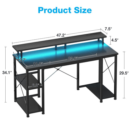 Casacomoda 48 inch Gaming Desk with LED Lights & Power Outlets, Computer Desk with Monitor Stand & Storage Sheves, CPU Stand, Home Office Desk, Black