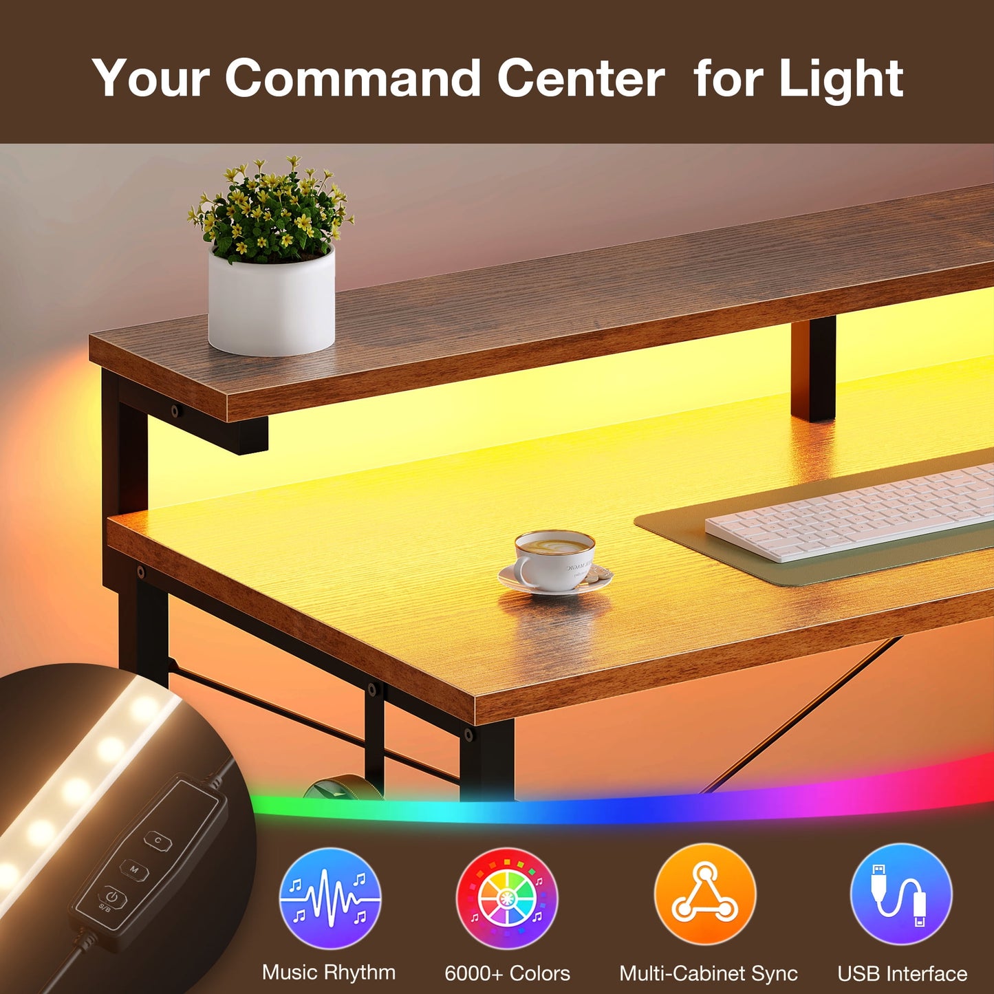 Gaming Desk with LED Lights and Power Outlet, 48 Inch Reversible L Shaped Computer Desk with Fabric Drawer, Monitor Stand and Headphone Hook, Home Office and Gaming Desk, Vintage