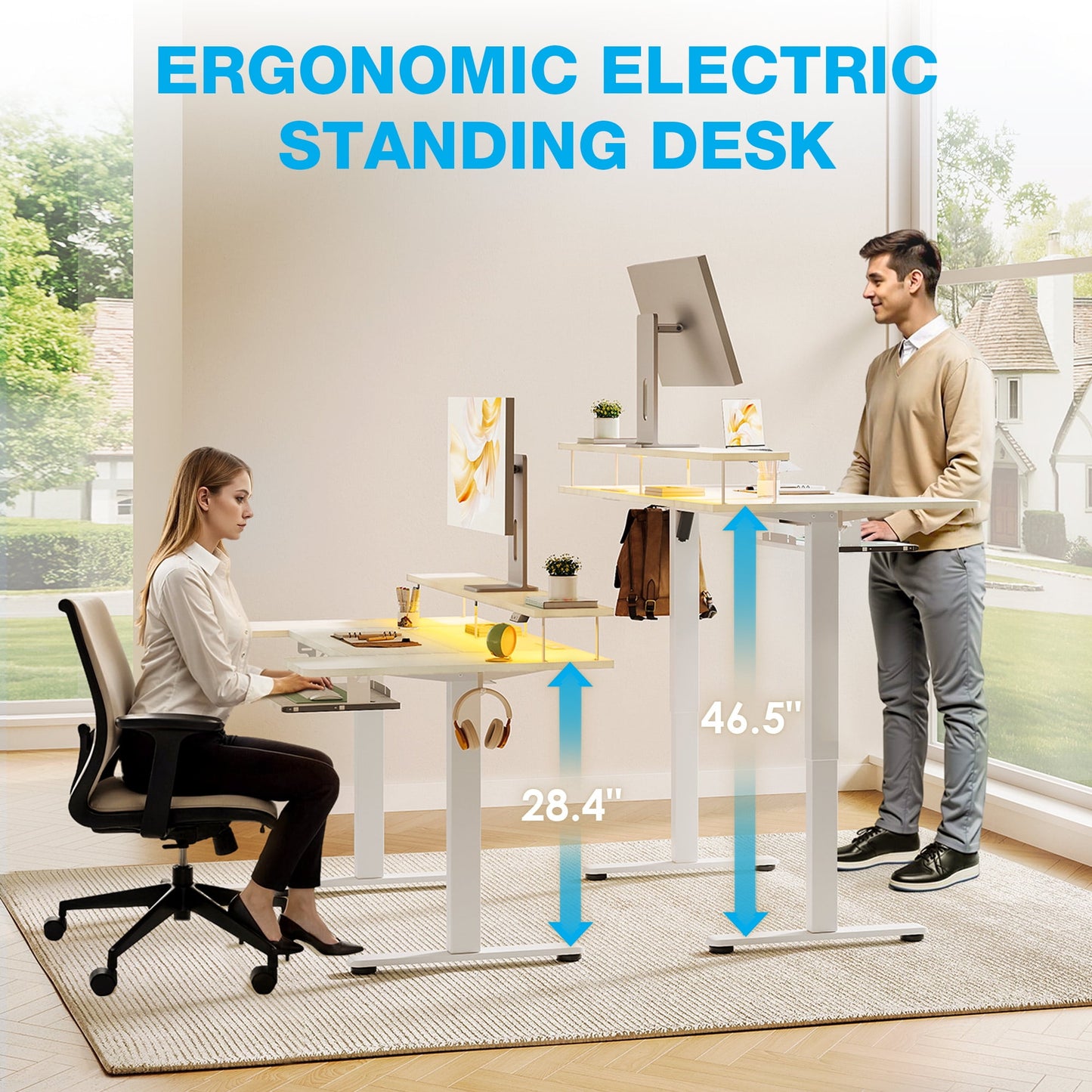 Casacomoda 55 Inch U-Shaped Electric Standing Desk with Power Outlets & LED Lights, Height Adjustable Desk with Keyboard Tray, Sit Stand Table with Monitor Stand for Home, Office, White