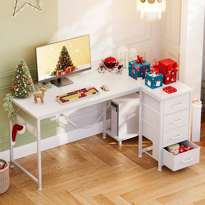 48 inch Computer Desk with 4 Fabric Drawers — Home Office Desks with Storage, Writing Desk with Side Hook, Desk Study/Work Table for Bedroom and Small Space, White