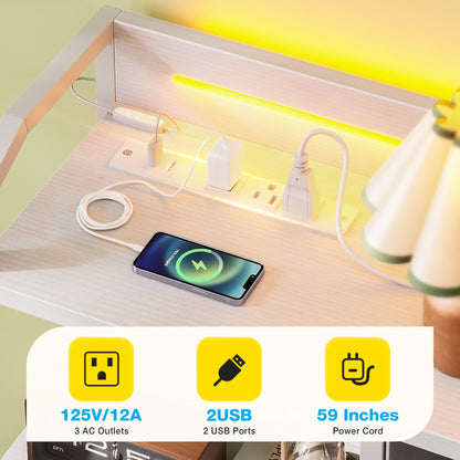 KKL Dresser with LED Lights and Charging Station, 44 inch Dresser for Bedoom with 8 Storage Drawers & Open Shelves, White