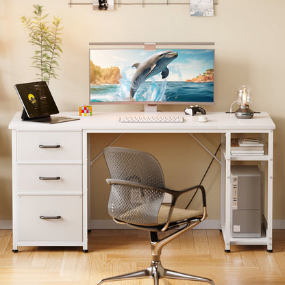 51 Inch Computer Desk with File Drawers & USB Power Outlets- Reversible Home Office Desk with Storage Shelves, Work from Home, Writing Table for Bedroom, White