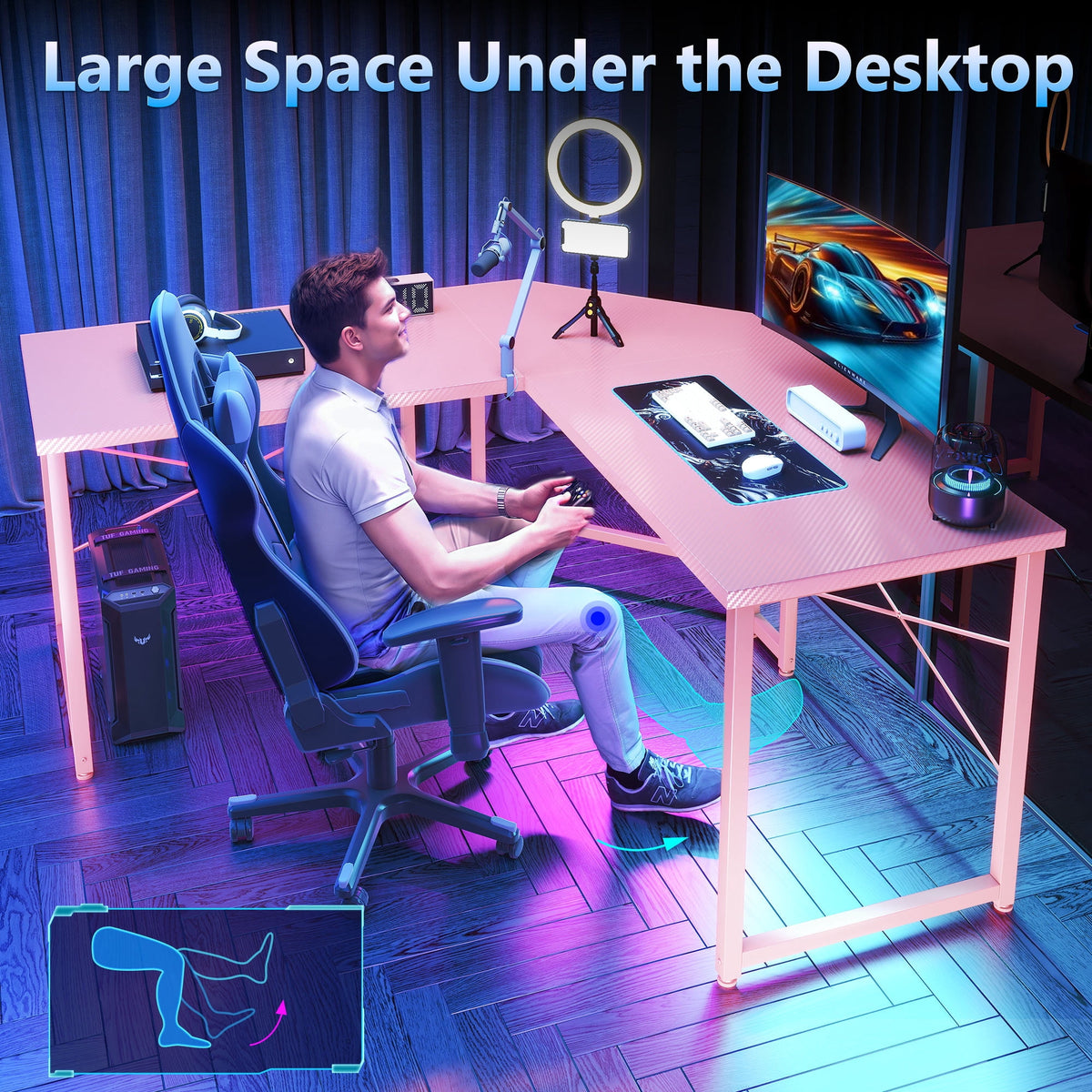 Casacomoda Computer Desk L Shaped, 51 Inch Reversible L Shaped Desk, Gaming Desk, Corner Desk, Gaming Table, Pink