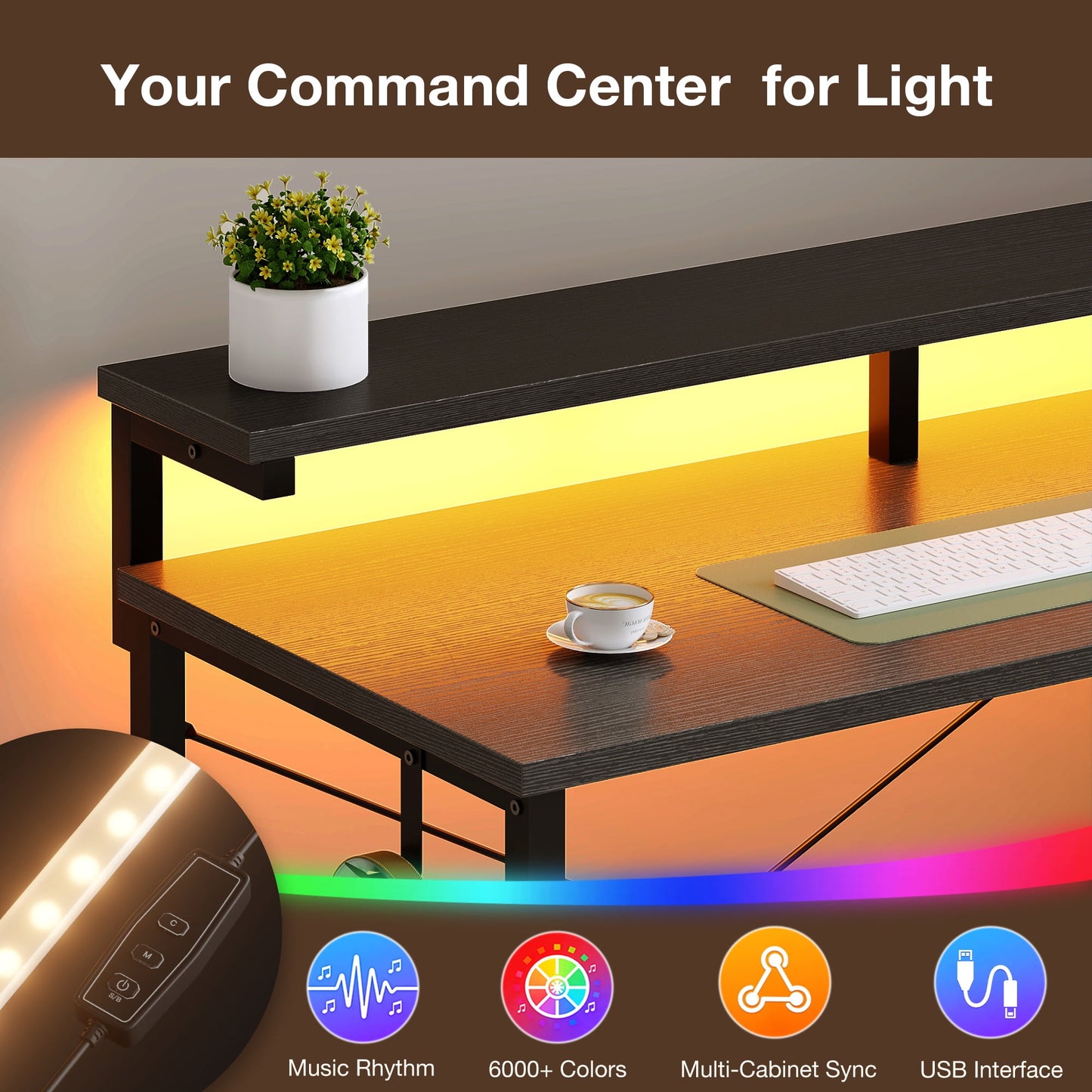 Gaming Desk with LED Lights, 55 Inch Reversible L Shaped Computer Desk with Fabric Drawer, Monitor Stand and Headphone Hook, Small Home Office and Gaming Desk, Black