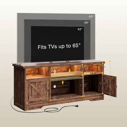 Farmhouse LED TV Stand for 65 Inch TV, Entertainment Center with Power Outlet, Media Console with Storage Cabinets and Shelves, Pure Walnut