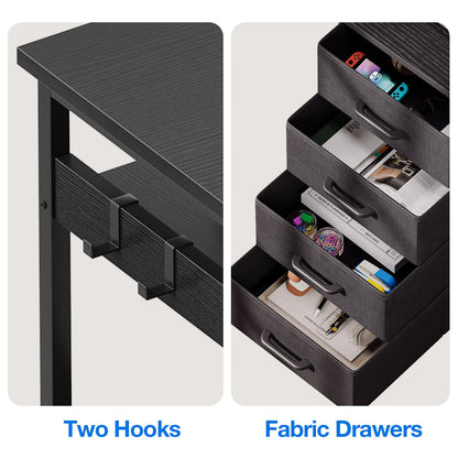 Reversible Modern Simple Style L Shaped Desk with Charging Station and Drawers, Pure Black