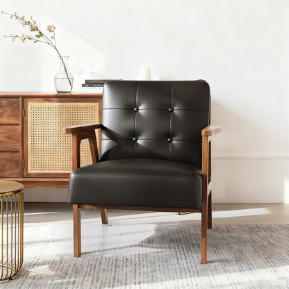 Casacomoda PU Leather Accent Chair Mid Century Comfy Cozy Chair with Solid Wood Legs, Modern Arm Reading Chair with Button Tufted Back for Living Room Bedroom, Black