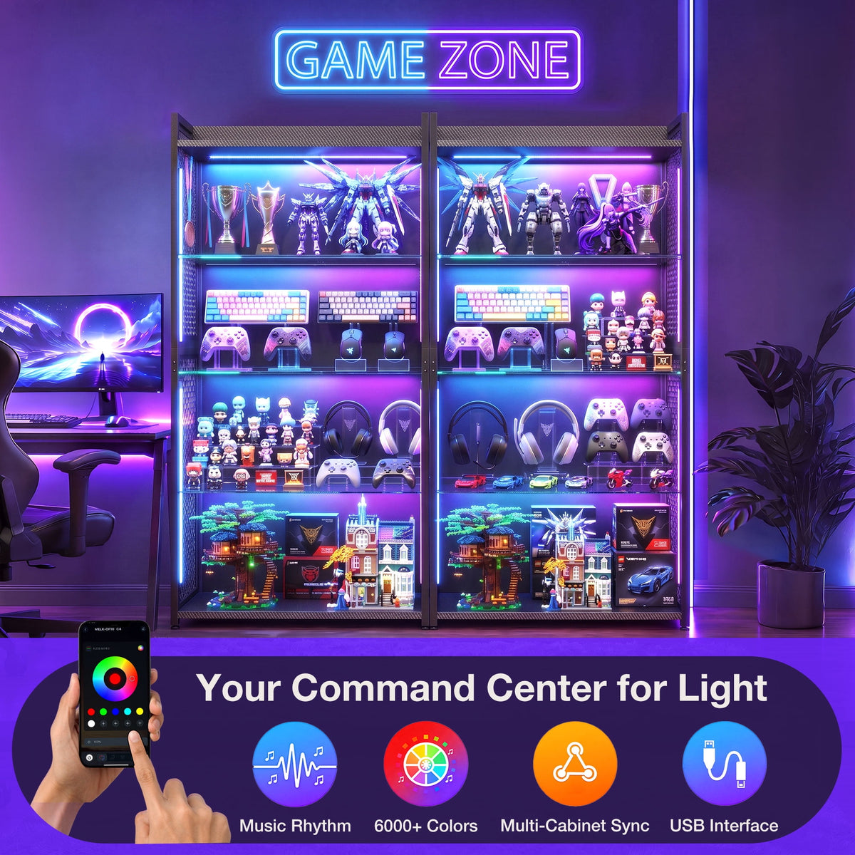 Casacomoda RGB Gaming Glass Display Case for Collectibles, Music Sync Lighted Display Shelf with 4+1 Shelves, 5-Strip LED with Controller, Display Cabinet for Figures, Game Setup& Curio, Black
