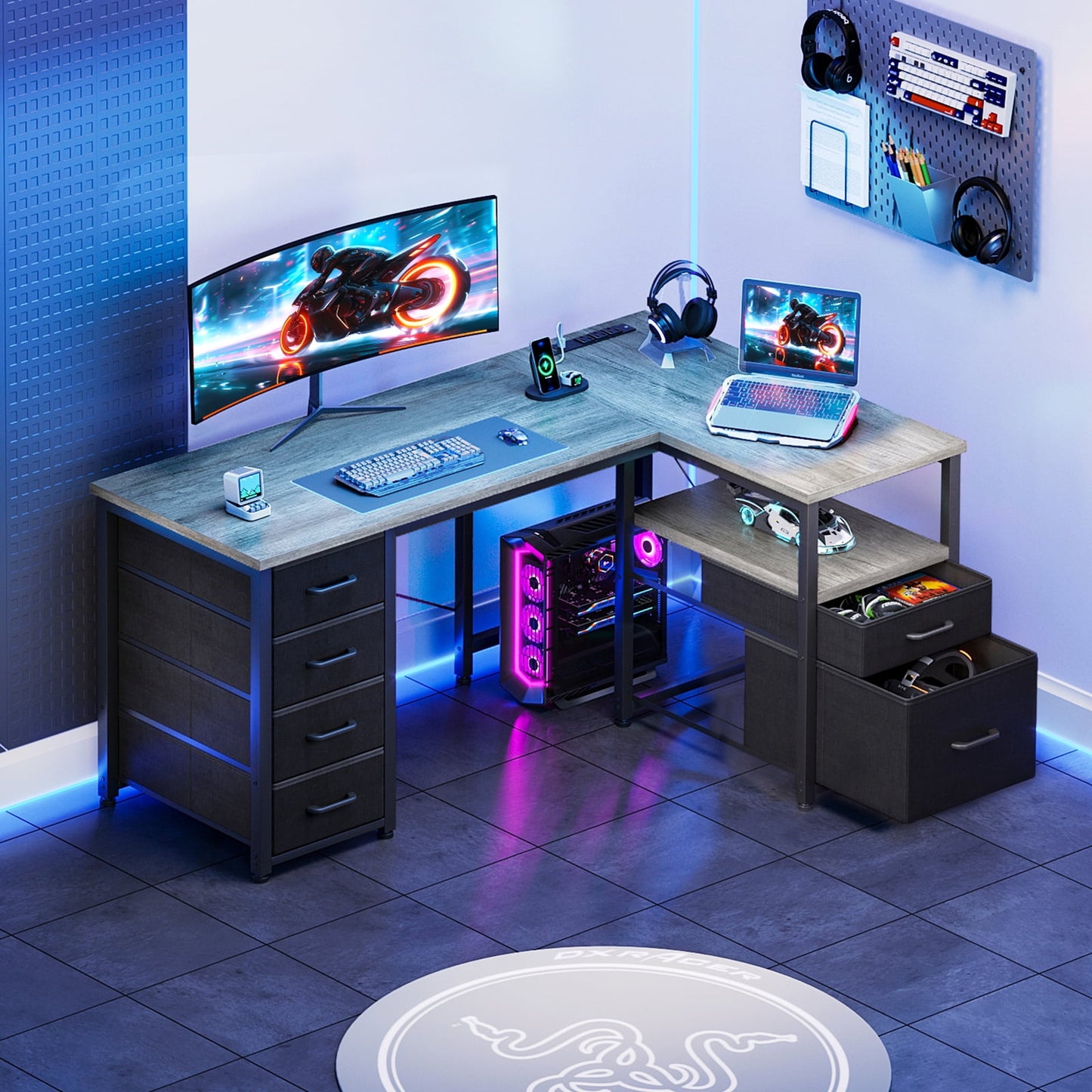 Casacomoda 55 inch Computer Desk with 5 Drawers and File Cabinet for Storage, Office Desk with Storage Shelf & Power Outlets, Home Office Desks, Gray Oak