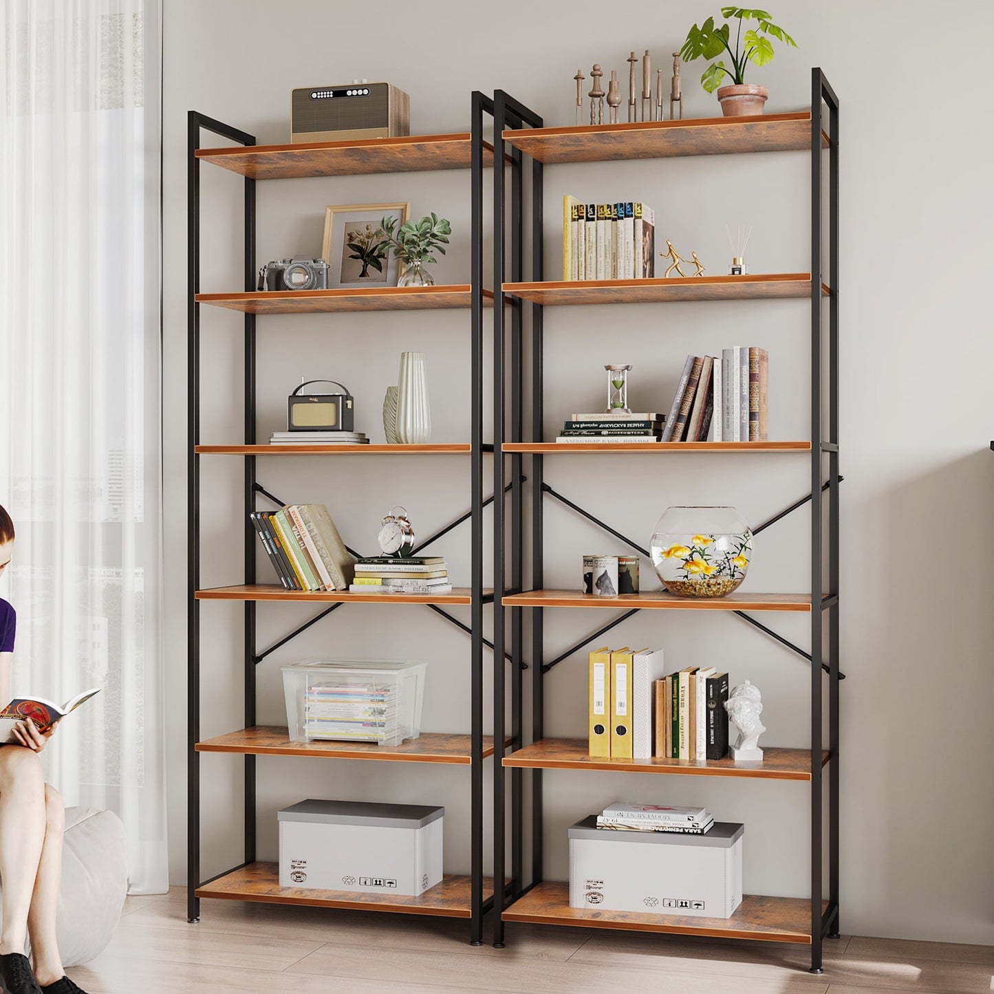 Casacomoda Book Shelf Set of 2, 6 Tier Bookcase, Storage Shelf, Industrial Bookcase for CDs, Photos, Books, Modern Bookshelf for Home Office, Living Room, Kitchen, Bedroom, Rust Brown