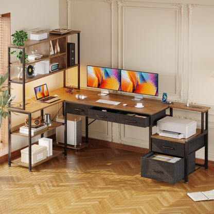 71 inch L Shaped Desk with File Drawers, Reversible L Shaped Gaming Desk with Power Outlets & LED Lights, Computer Desk with Storage Shelves for Home Office, Vintage