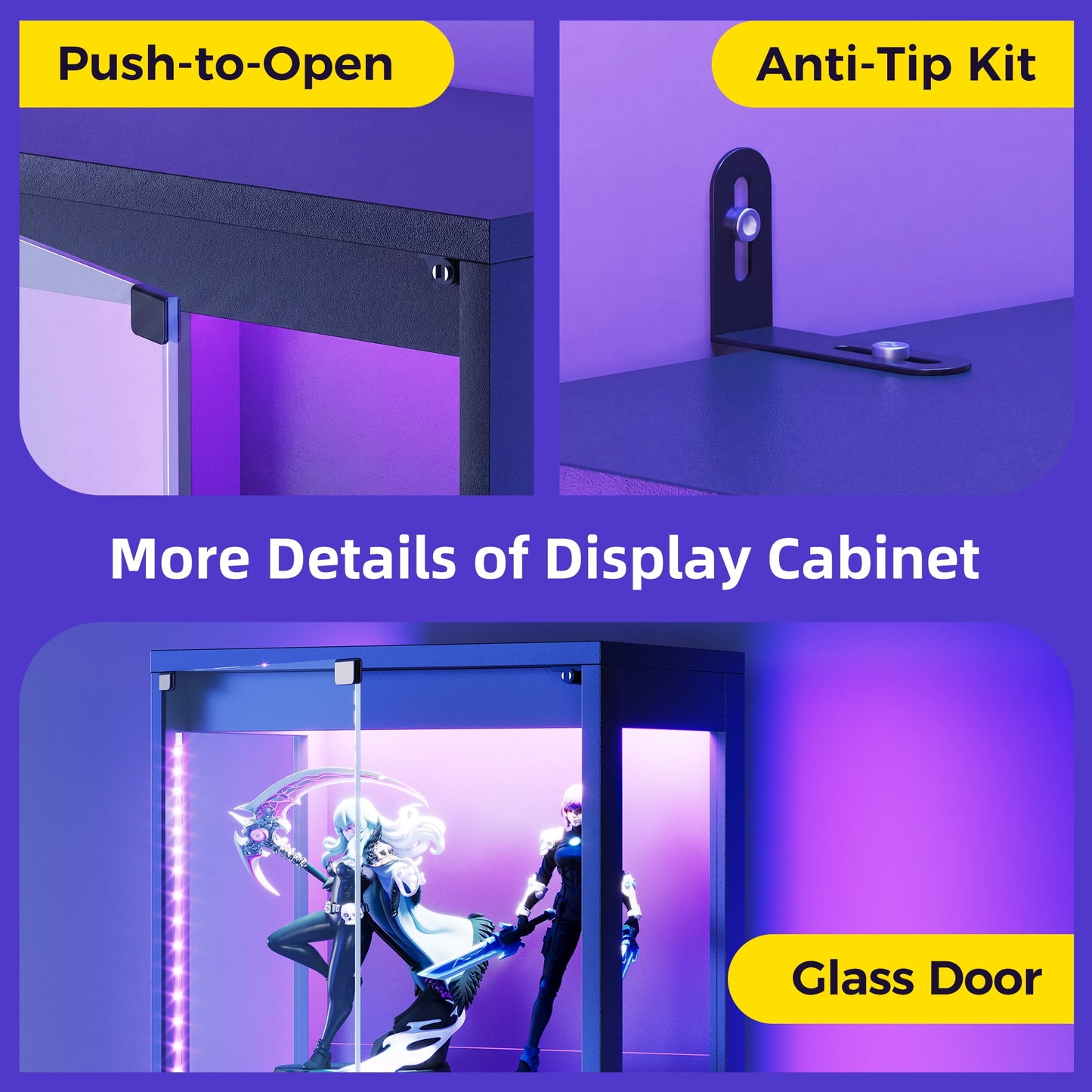 Casacomoda 4-Tier Gaming Display Cabinet with RGB Lights, Glass Door Corner Display Case & Curio Cabinet, for Collectibles, Models, Lego Display Shelf, Black