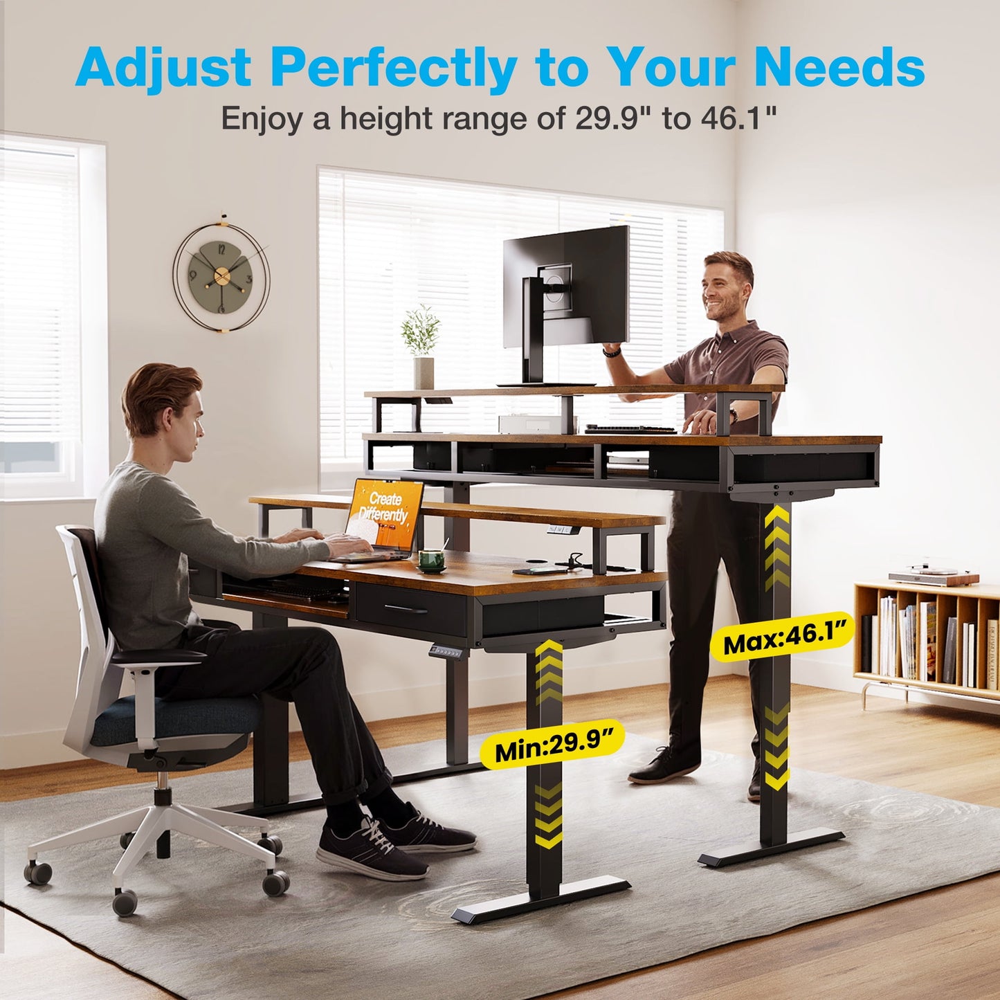 Casacomoda 55 inch Electric Standing Desk with Drawers & Keyboard Tray, Height Adjustable Gaming Desk with Power Outlets & LED Lights, Sit Stand Table with Monitor Stand for Home, Office, Vintage