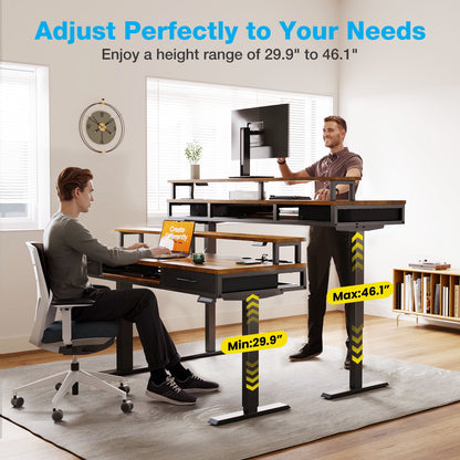 Casacomoda 55 inch Electric Standing Desk with Drawers & Keyboard Tray, Height Adjustable Gaming Desk with Power Outlets & LED Lights, Sit Stand Table with Monitor Stand for Home, Office, Vintage