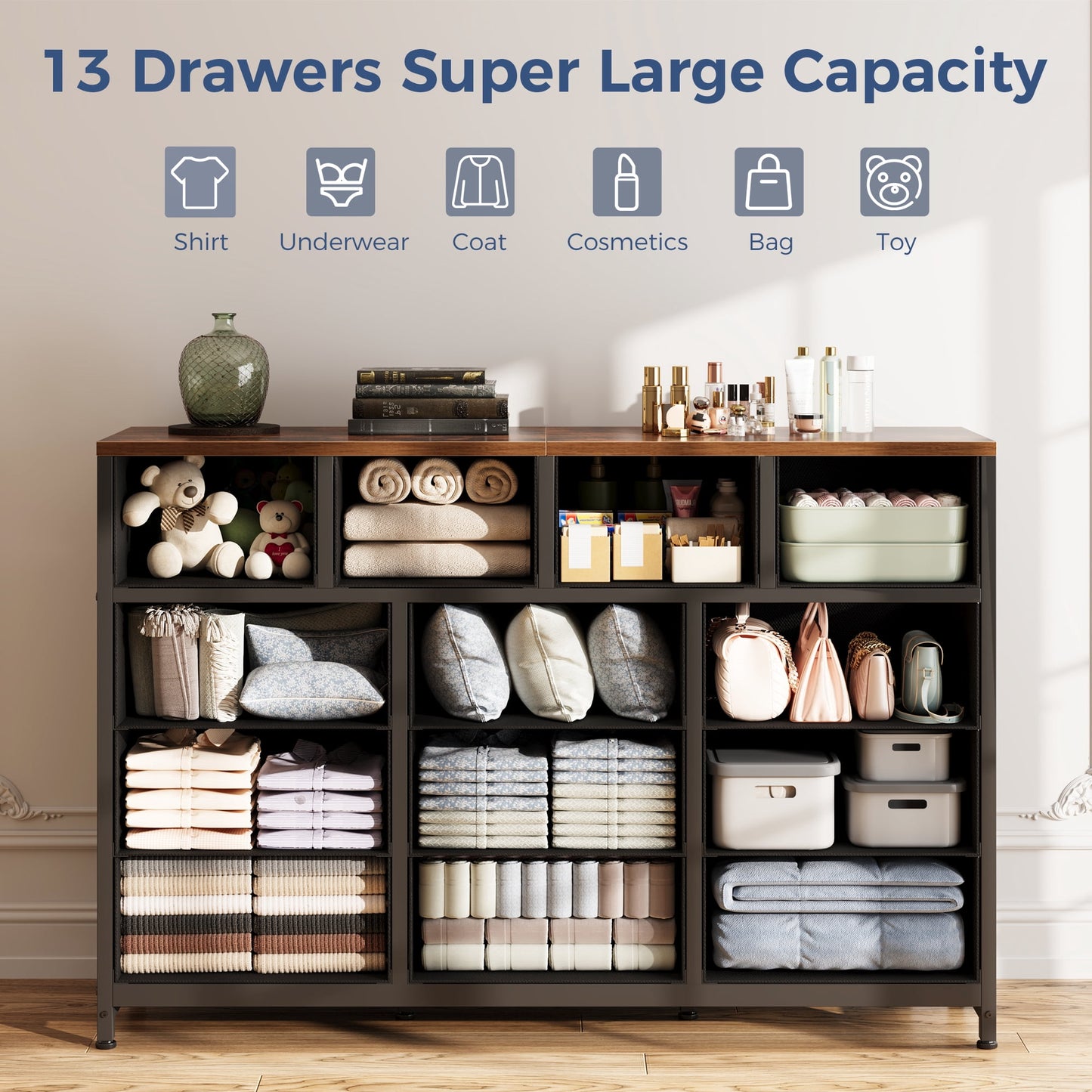 Casacomoda 55-Inch Wood Dresser with 13 Storage Drawers, Large Bedroom Dresser and TV Stand, Black and Vintage