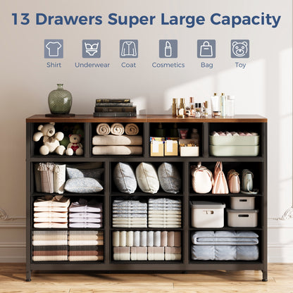 Casacomoda 55-Inch Wood Dresser with 13 Storage Drawers, Large Bedroom Dresser and TV Stand, Black and Vintage