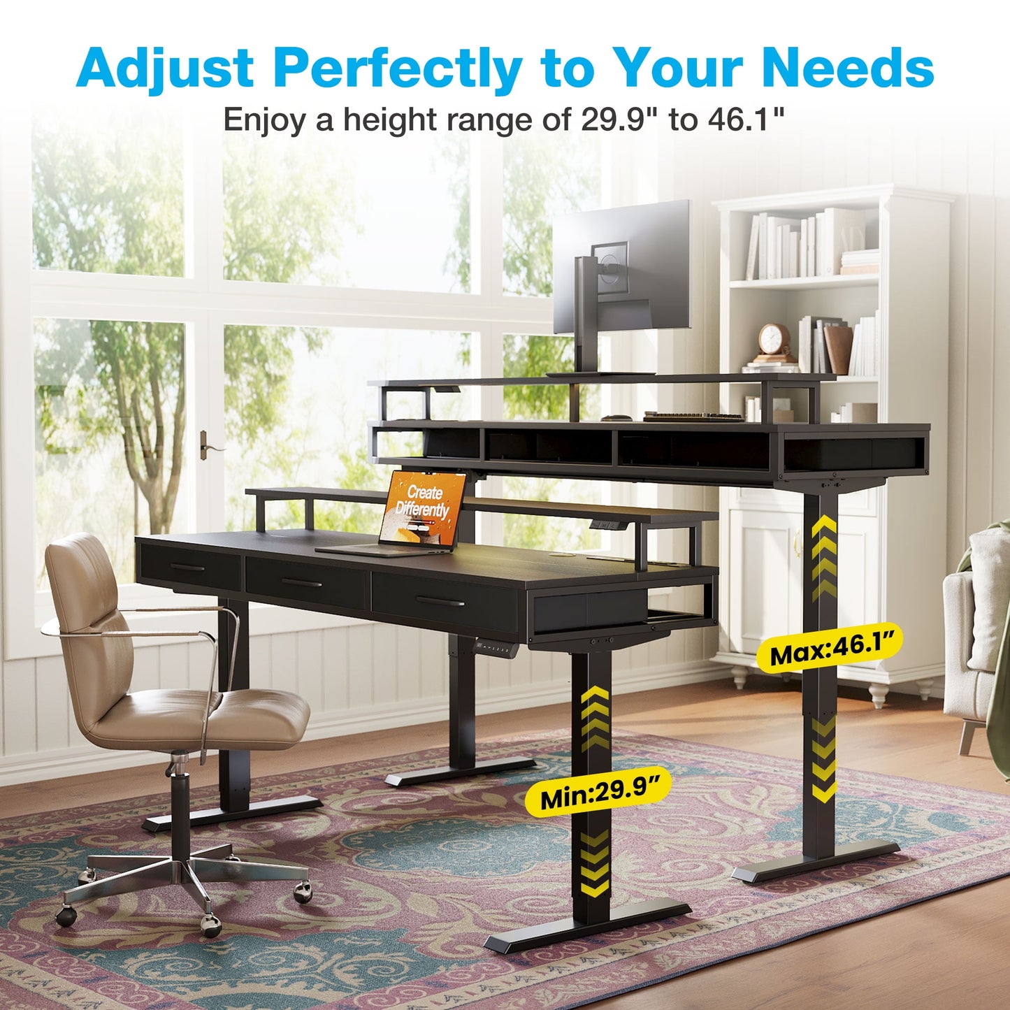 Casacomoda 63“ Electric Standing Desk with Power Outlets and LED Lights, Adjustable Height Sit Stand Desk with Monitor Shelf & 3 Fabric Drawers for Home Office, Black