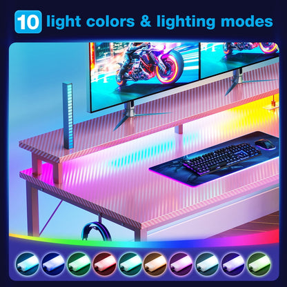 59" Gaming Desk with RGB LED Lights & Monitor Stand, Computer Desk with CPU Stand & Power Outlet, Home Office Desk with Storage Drawers, Pink