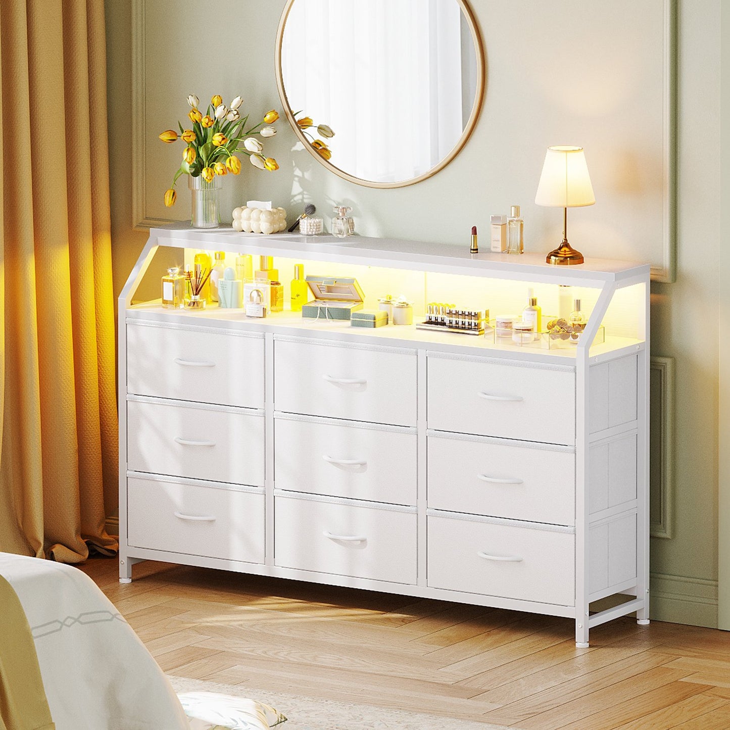 Casacomoda 55 inch Dresser with LED Lights, Dresser for Bedroom with 9 Storage Drawers, White