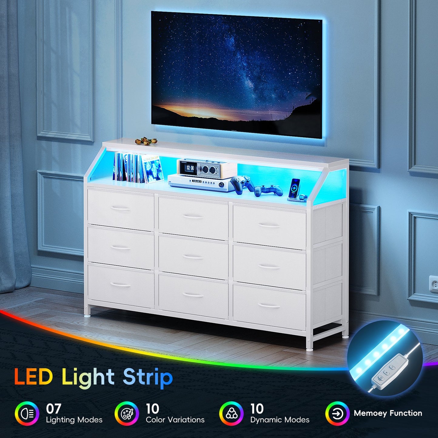 Casacomoda 55 inch Dresser with LED Lights, Dresser for Bedroom with 9 Storage Drawers, White