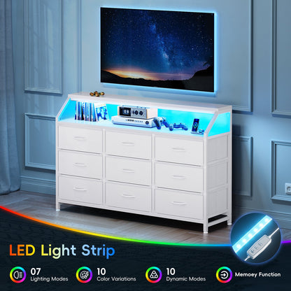 Casacomoda 55 inch Dresser with LED Lights, Dresser for Bedroom with 9 Storage Drawers, White