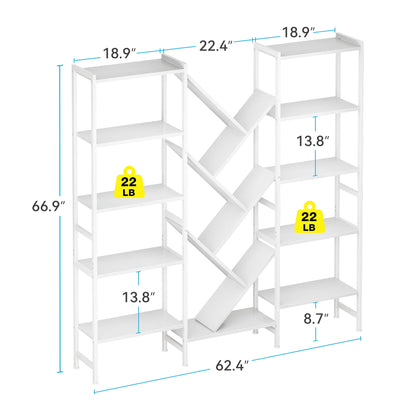 Triple 5-Tier Bookshelf with LED Lights for Living Room, 17 Open Shelves Large Bookcase with App Control RGB Light Strip, Modern Tree Design Storage Shelf with Metal Frame, White