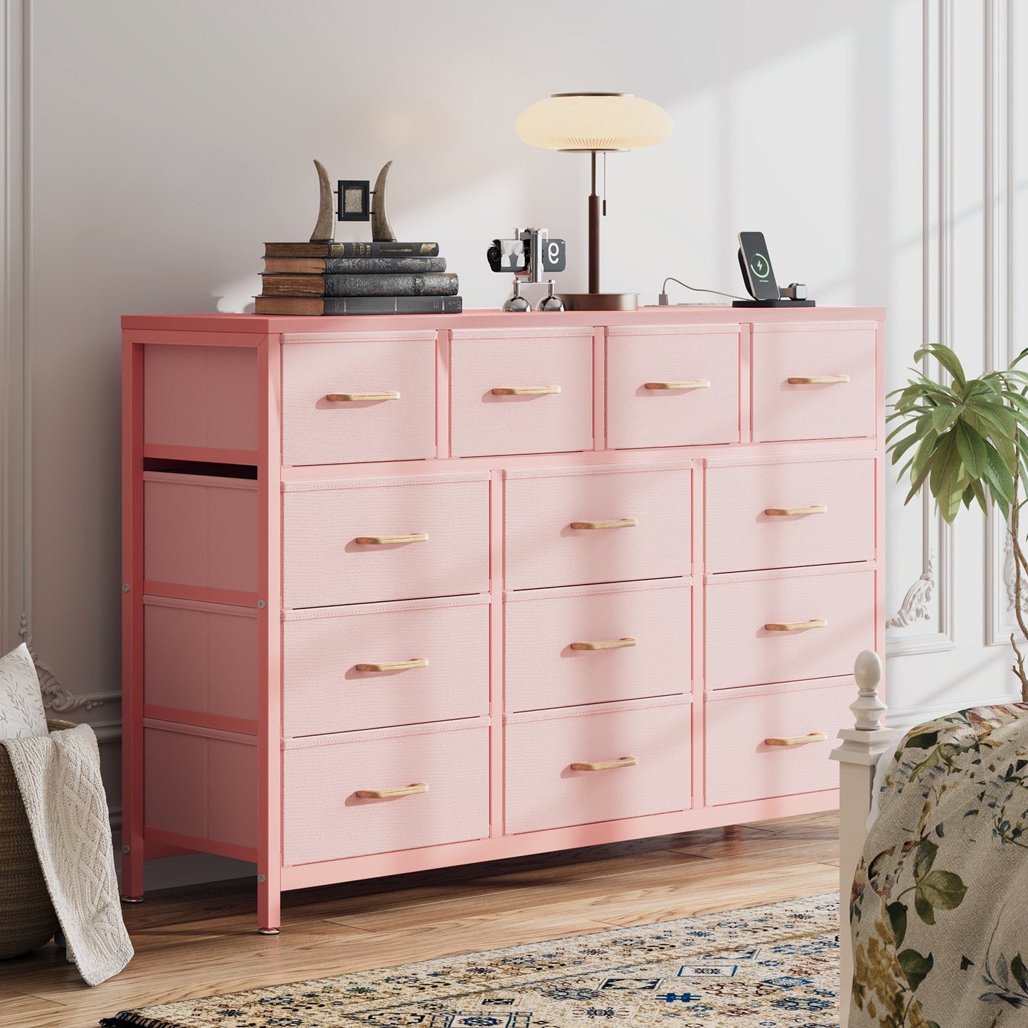 Casacomoda Dresser with Charging Station, 55-Inch Long Dressers for Bedroom, Large Dressers TV Stand with 13 Storage Drawers, Fabric Dresser Chest of Drawers, Pink