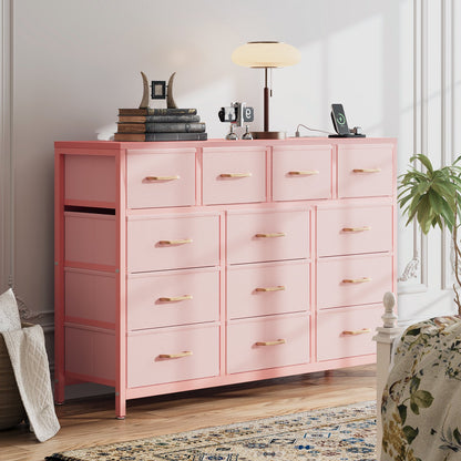 Casacomoda Dresser with Charging Station, 55-Inch Long Dressers for Bedroom, Large Dressers TV Stand with 13 Storage Drawers, Fabric Dresser Chest of Drawers, Pink