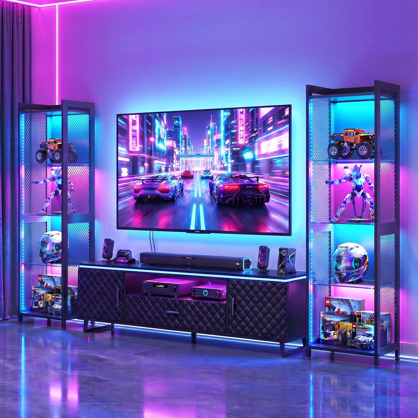 Casacomoda 4-Tier LED Display Cabinet, Gaming Glass Shelf Curio Cabinet with RGB Lights, Open Glass Corner Storage Shelf for Collectibles, Figures, Gaming Room & Living Room, Black