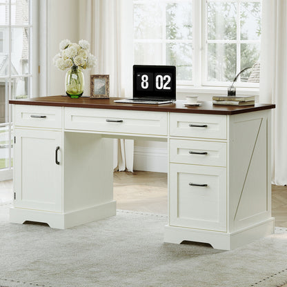 Casacomoda Home Office Desk with File Cabinet and Drawers, 59" Executive Desk with USB Power Outlet, Storage Cabinet for CPU, Workstation Table for Study, Walnut & Warm White