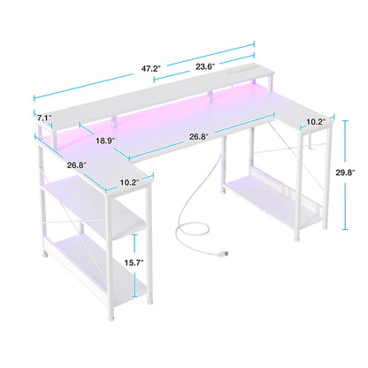 Casacomoda 48 inch U-Shaped Gaming Desk with Power Outlet & LED Lights, Home Ofiice Desk with Monitor Stand,Computer Desk with 4 Open Shelves, White
