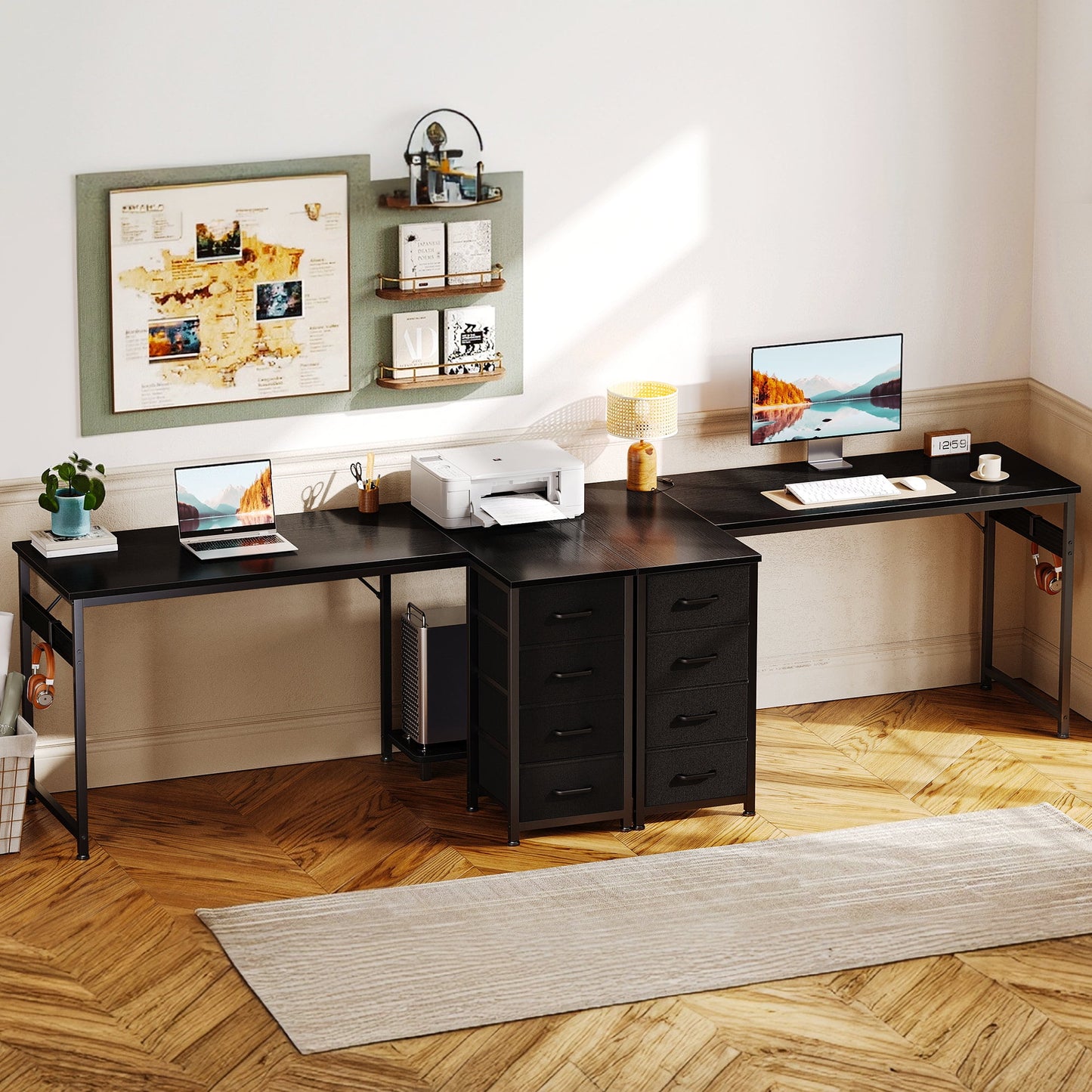 48 inch Computer Desk with 4 Fabric Drawers — Home Office Desks with Storage, Writing Desk with Side Hook, Desk Study/Work Table for Bedroom and Small Space, Black