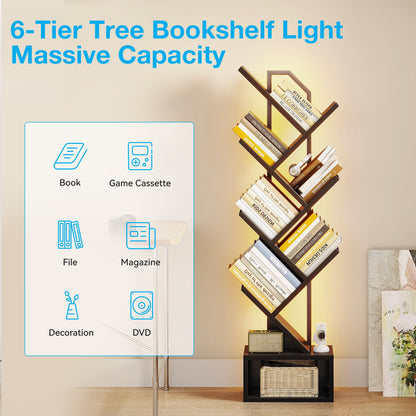 Casacomoda 6 Tier Tree Bookshelf, Bookcase with LED Lights, Display Floor Standing Storage Shelf, Book Organizer Shelves for Home Office, Living Room, Black