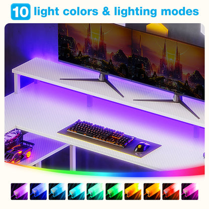 Casacomoda 48 inch U-Shaped Gaming Desk with Power Outlet & LED Lights, Home Ofiice Desk with Monitor Stand,Computer Desk with 4 Open Shelves, White