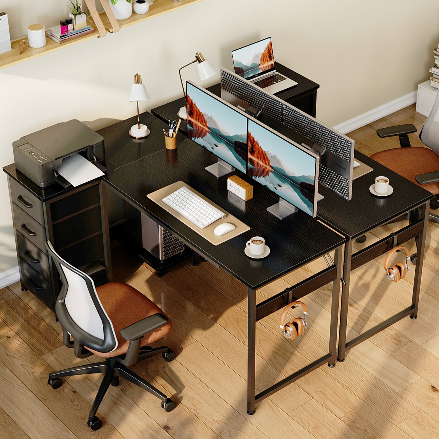 48 inch Computer Desk with 4 Fabric Drawers — Home Office Desks with Storage, Writing Desk with Side Hook, Desk Study/Work Table for Bedroom and Small Space, Black