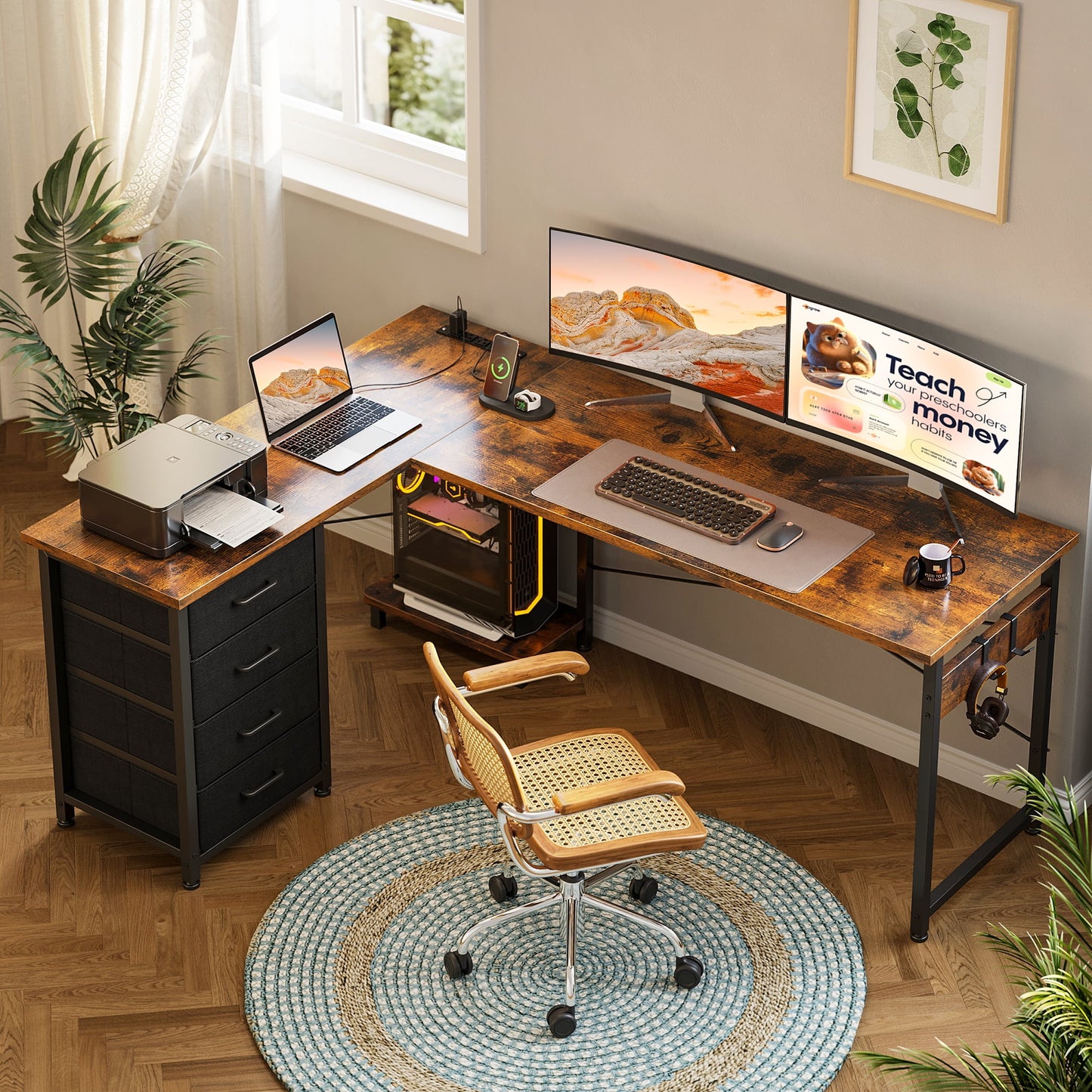 Casacomoda L Shaped Computer Desk with Charging Station, 61 inch PC Table Study Desk 4 Tier Drawers, Modern Simple Style Laptop Desk for Bedroom, Vintage