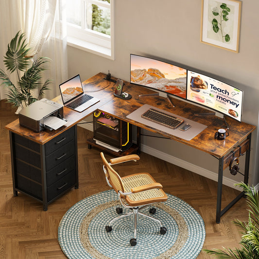 Casacomoda L Shaped Computer Desk with Charging Station, 61 inch PC Table Study Desk 4 Tier Drawers, Modern Simple Style Laptop Desk for Bedroom, Vintage