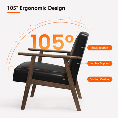 Casacomoda PU Leather Accent Chair for Bedroom, Living Room Chair with Solid Wood Legs, Reading Arm Chair with Soft Cushion for Adults, Black