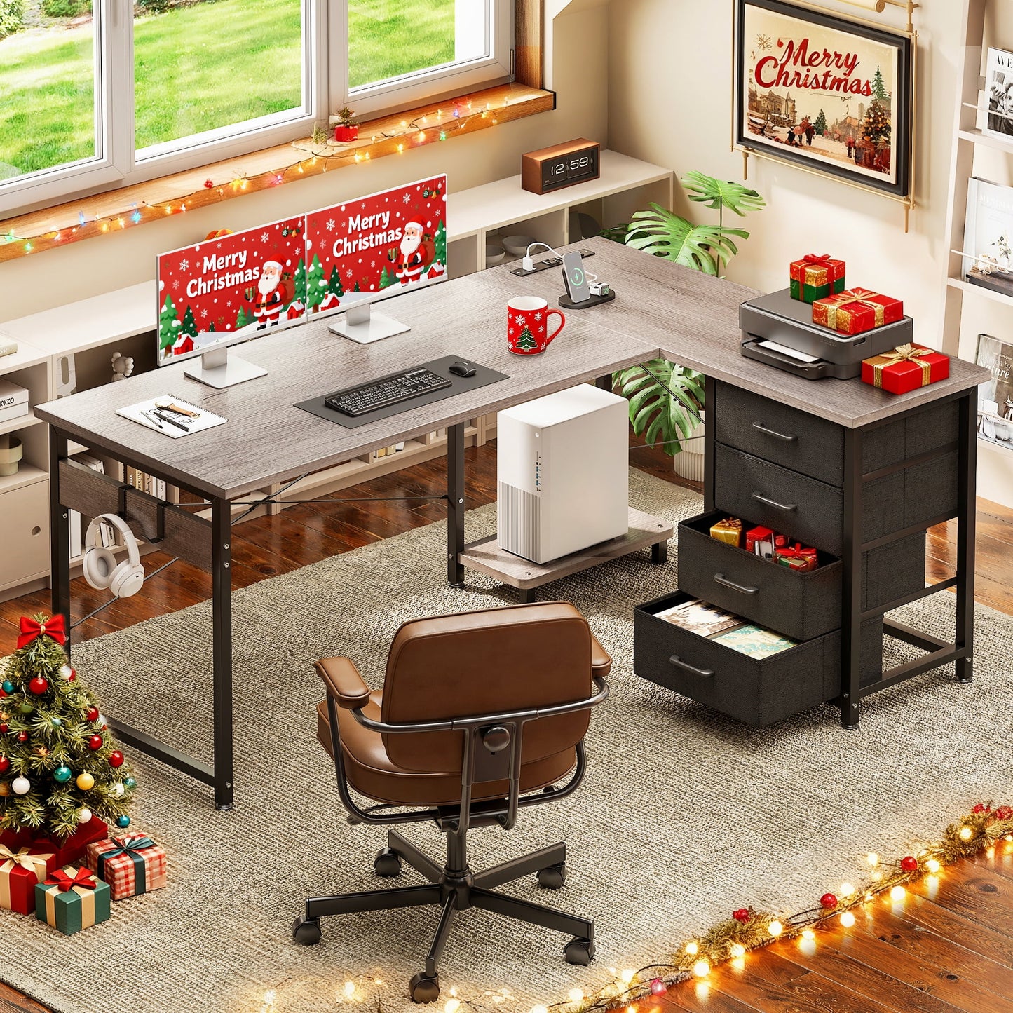 Casacomoda 53″ L-Shaped Desk with Power Outlets & USB, 4 Drawers and Hooks, Reversible Corner Computer Desk for Home Office or Gaming