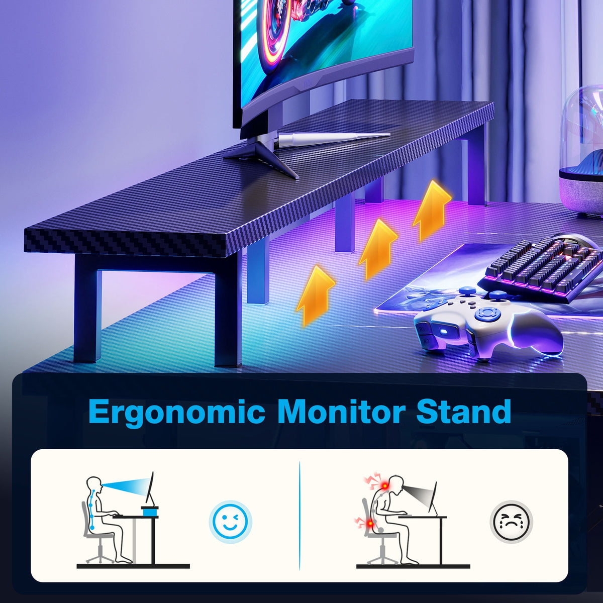 Casacomoda 55 Inch Gaming Desk with LED Lights, Computer Desk with Monitor Stand, Storage Shelves and CPU Stand, Home Office Desk, Black