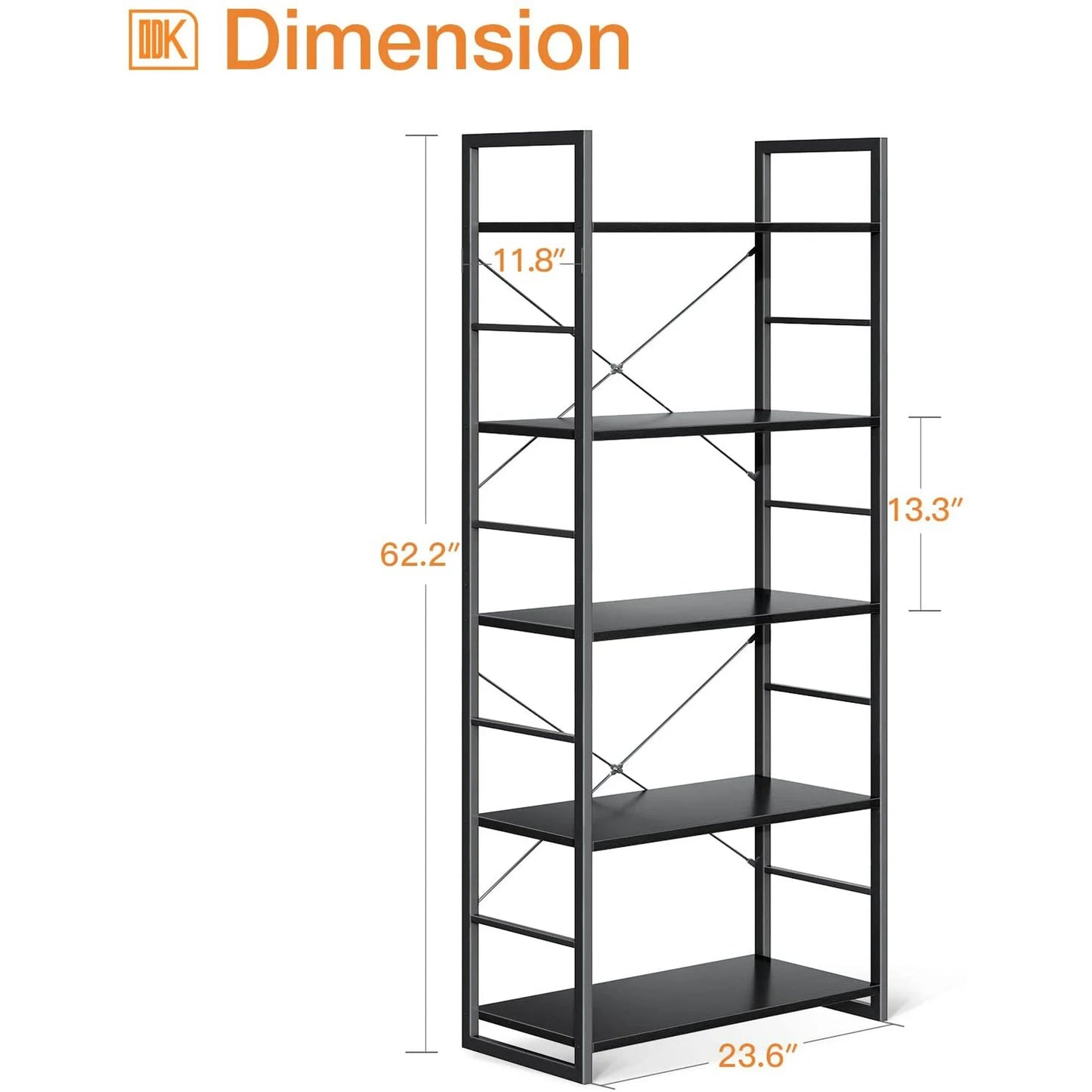 Ladder Bookshelf, 5 Tier Shelf Storage Organizer, Modern Book Shelf with Metal Frame for Bedroom, Living Room and Home Office, Black