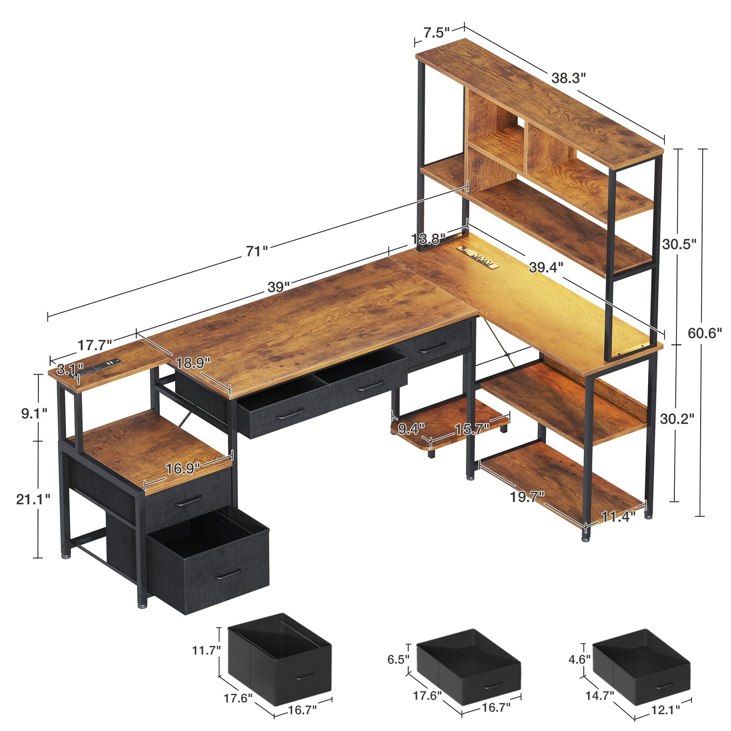 71 inch L Shaped Desk with File Drawers, Reversible L Shaped Gaming Desk with Power Outlets & LED Lights, Computer Desk with Storage Shelves for Home Office, Vintage