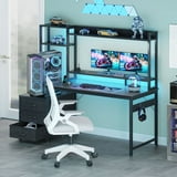 Casacomoda 48 inch Gaming Desk with LED Lights & Power Outlets, Home Office Desk with Reversible Storage Drawers & Monitor Shelves, Gaming Table for Small Space, Carbon Fiber Black