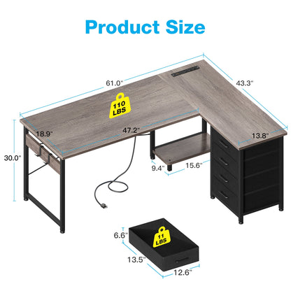 Casacomoda L Shaped Computer Desk with Charging Station, 61 inch PC Table Study Desk 4 Tier Drawers, Modern Simple Style Laptop Desk for Bedroom, Grey Oak