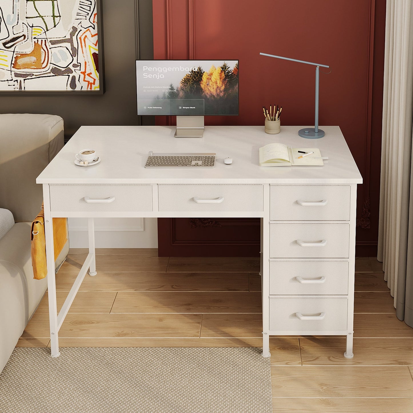 Casacomoda 40" Home Office Desk with 6 Drawers, Modern Computer Desk with Small Space, Corner Computer Desk, Pure White