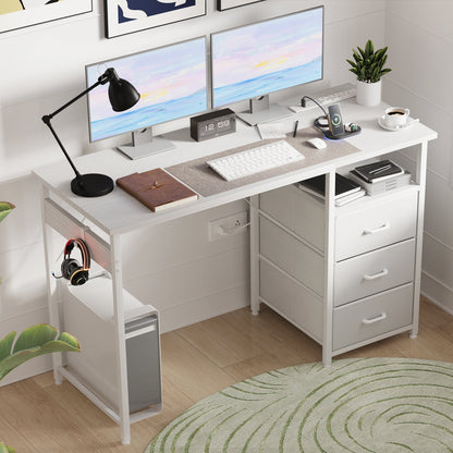48 inch Computer Desk with Power Outlets, Home Office Desk with 3 Drawers, Writing Desk, Vanity Desk for bedroom, White